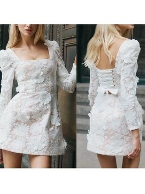 Helsi Ellen Flower Appliqué Long Sleeve Mini Dress White Floral Minidress